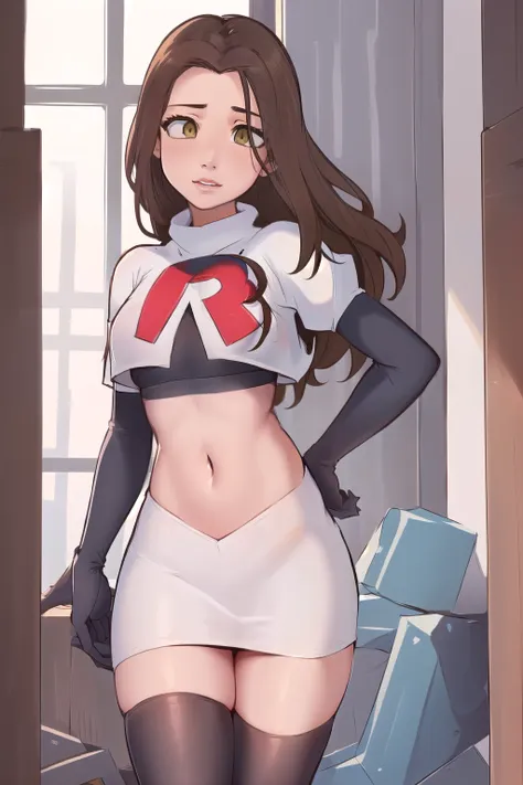 ((masterpiece, best quality:1.2),
BelleWaifu,18 years old,beautiful face,elegant face,(beautiful slanted eyes:1.4),brown eyes,breasts,cowboy shot, team rocket,team rocket uniform,white skirt,red letter R,crop top,black thigh-highs,black elbow gloves