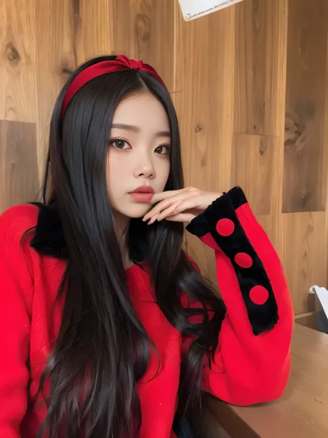 a close up of a woman with long hair wearing a red sweater, ulzzang, blackpink jennie, tzuyu from twice, korean girl, cruel korean goth girl, red and black, in red and black, red hairband, red headband, beautiful south korean woman, rin tohsaka, red and bl...