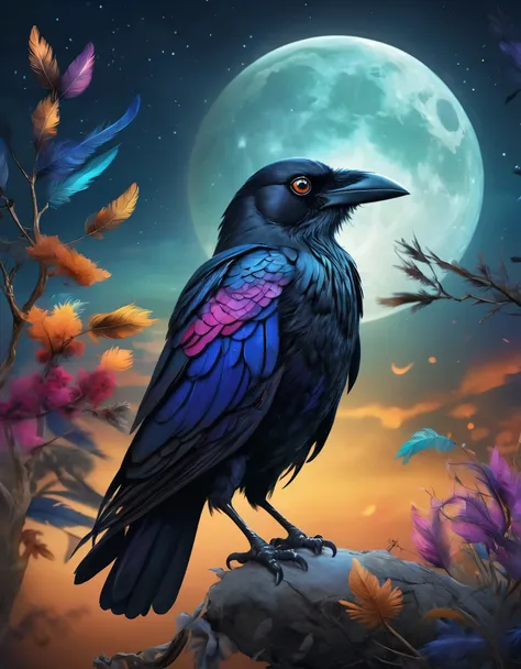 Dreamy surrealistic scene of colorful black crows under moonlight, exquisite details, dynamic blur, digital art, Concept design Material: digital art, Surreal rendering additional details: intricate feather patterns, glowing eyes, Moonlit backdrop image qu...