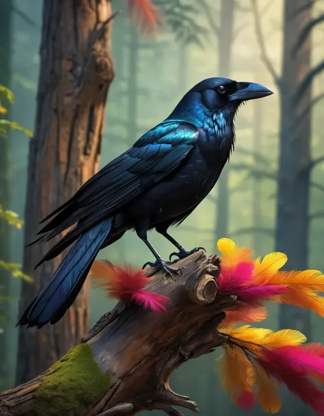 ,Black crow with colorful feathers,shimmering feathers,standing on ancient tree branch,mysterious forest background,(best quality,4k,8k,highres,masterpiece:1.2),ultra-detailed,(realistic,photorealistic,photo-realistic:1.37),vivid colors,sharp focus,studio ...