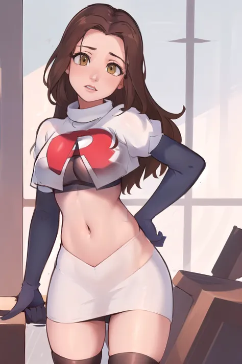 ((masterpiece, best quality:1.2),
BelleWaifu,18 years old,beautiful face,elegant face,(beautiful slanted eyes:1.4),brown eyes,breasts,cowboy shot, team rocket,team rocket uniform,white skirt,red letter R,crop top,black thigh-highs,black elbow gloves