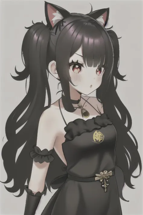 junko ,((long hair slightly wavy slightly past the shoulders, black bangs, small black pigtails on the sides, cute cat ears, bea...