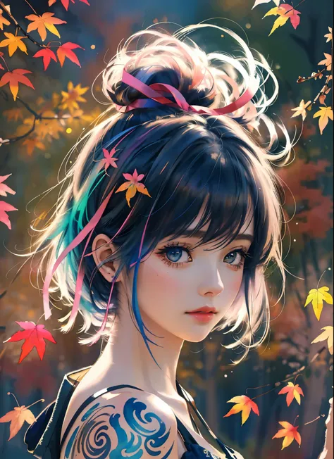 (8k, best quality, masterpiece:1.2),(best quality:1.0), (ultra highres:1.0), watercolor, a beautiful woman, shoulder, hair ribbons, by agnes cecile, half body portrait, extremely luminous bright design, pastel colors, (ink:1.3), autumn lights,