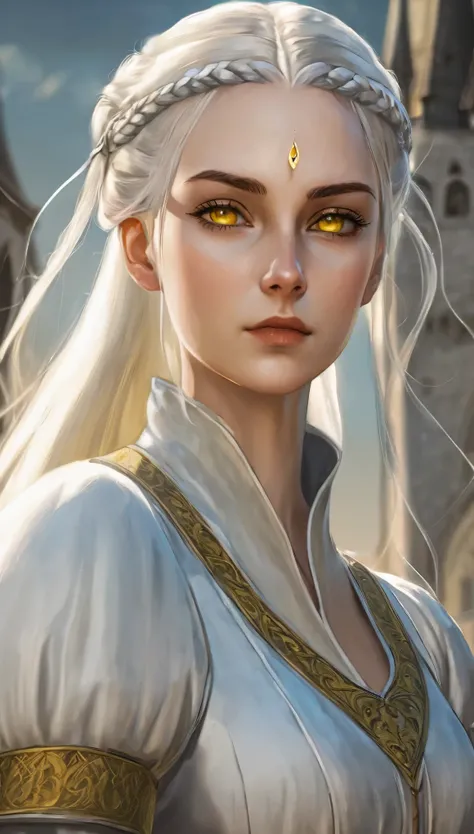 medieval female portrait, perfect yellow eyes, perfect retina, serious face, white ponytail, perfect body, white bard silk costume, light aura, medieval style, masterpiece, vinland saga style
