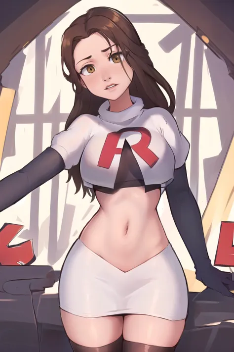 ((masterpiece, best quality:1.2),
BelleWaifu,18 years old,beautiful face,elegant face,(beautiful slanted eyes:1.4),brown eyes,breasts,cowboy shot, team rocket,team rocket uniform,white skirt,red letter R,crop top,black thigh-highs,black elbow gloves