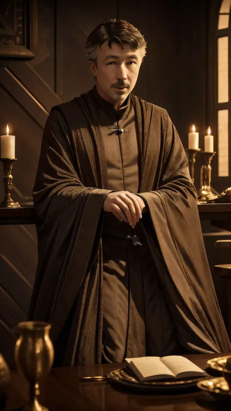 ((aidan gillen)) as petyr baelish, luxury robe, sitting in front of table, in a bedroom, 1man, solo, beautiful detailed glow, de...