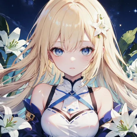 High Detail, Ultra Detail, Ultra High Resolution, blonde hair blue eyes princess, white lily flower in hair,  beautiful stars, 