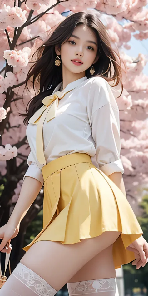 (whole body)), ((from below)), ((walk in the park)), ((realistic)), 1 girl, looking at viewer, detailed scene, straight hair, air bang, beautiful hair accessories, brownish yellow hair, ((white colored blouse, Short tight skirt, neck bow tie, high heel)), ...