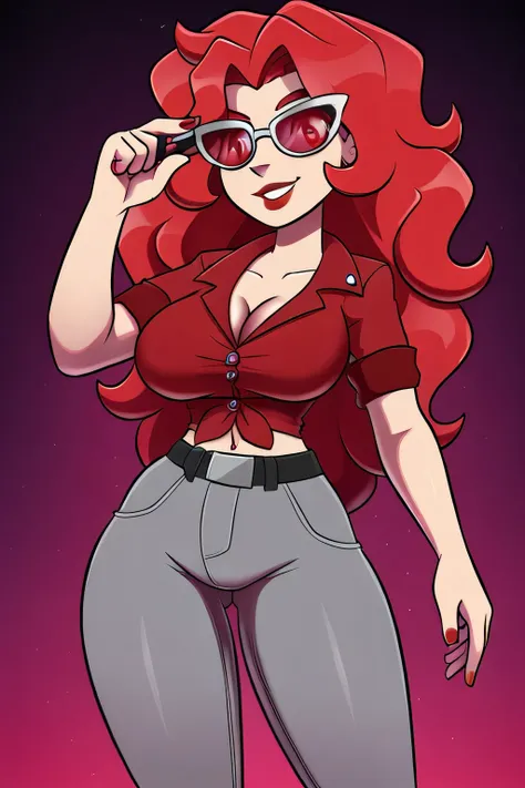 A tall sexy woman with light skin, big chest, wavy red hair, long fluffy red eyes, wearing sunglasses and wearing a ruby red top, wearing a transparent red shirt and her metallic gray pants, wearing a black belt with a big thigh and leg.