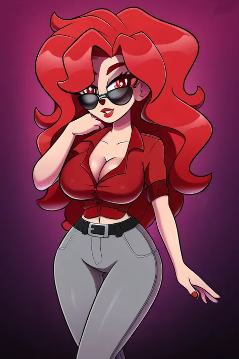 A tall sexy woman with light skin, big chest, wavy red hair, long fluffy red eyes, wearing sunglasses and wearing a ruby red top, wearing a transparent red shirt and her metallic gray pants, wearing a black belt with a big thigh and leg.