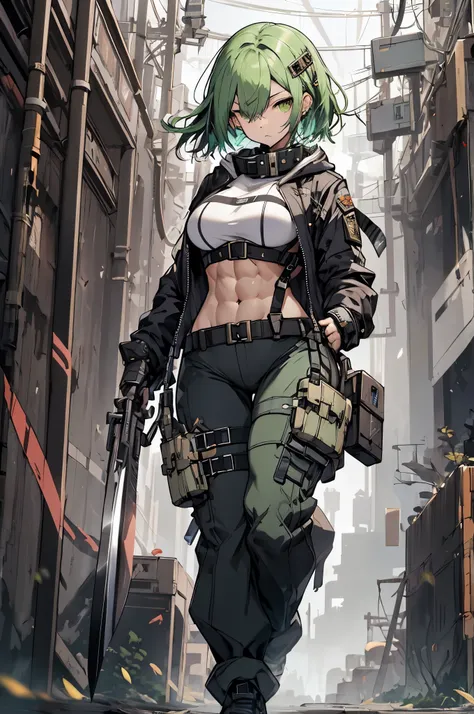 high quality、Highest image quality、solo photos、near future、cyber punk、GOD EATER、A woman wearing a jacket that shows her belly、soldier、hold a knife、Green Hair（side braid、ponytail）、gold eye（Broken pupil、Shining eyes）、armedした、Wearing the harness、black jacket（...