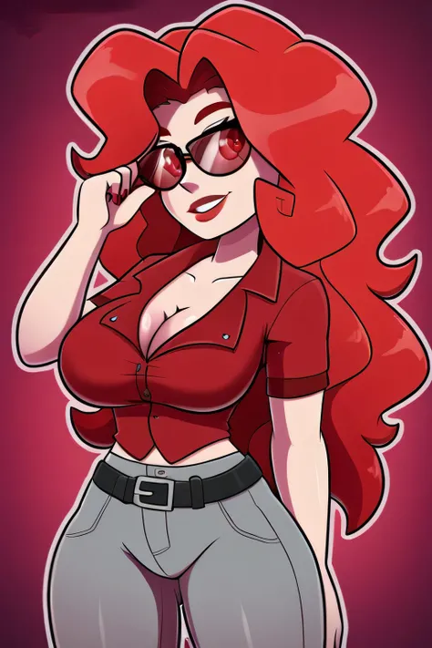 A tall sexy woman with light skin, big chest, wavy red hair, long fluffy red eyes, wearing sunglasses and wearing a ruby red top, wearing a transparent red shirt and her metallic gray pants, wearing a black belt with a big thigh and leg.