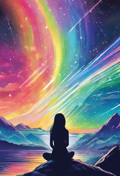 Rainbow aurora borealis background with girl in foreground praying