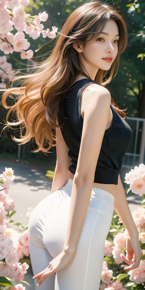 ((whole body)), ((from the side)), ((run through the park)), ((realistic)), 1 girl, looking at viewer, detailed scene, straight hair, air bang, beautiful hair accessories, brownish yellow hair, ((tank top, sleeveless, big bust)), (Campus Style), warm light...