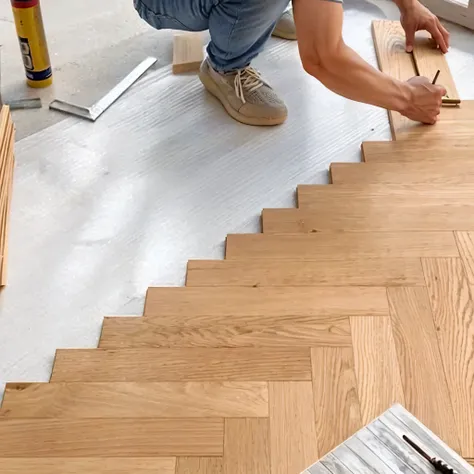 Arawd man lays wood on the floor with a hammer, Herringbone floor, Parquet, Wooden stairs, wooden floor, wooden floor, wooden floor, Oak parquet wooden floor, floor, With fine wood, hardwood floor, hardwooden floor, professional work, Surrealism, Surreal, ...