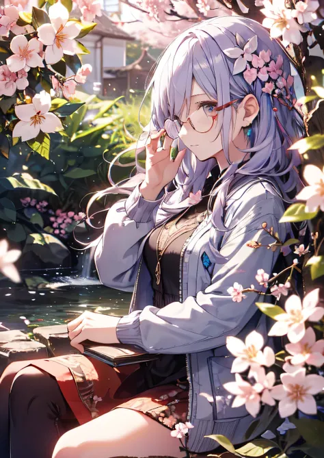 Natural light, floating hair, soft smile, Diamond-shaped hair ornament,profile, light purple hair, cherry blossoms, (Glasses),Yuki Izumi
