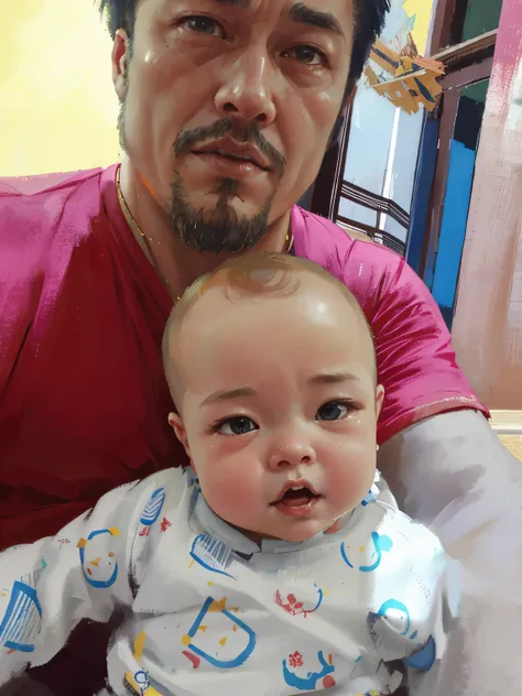 there is a man holding a baby in his lap, caring fatherly wide forehead, ruan jia and brom, bowater charlie and brom gerald, with a kid, selfie photo, very very low quality picture, taken with sony alpha 9, john jude palencar, taken with the best dlsr came...