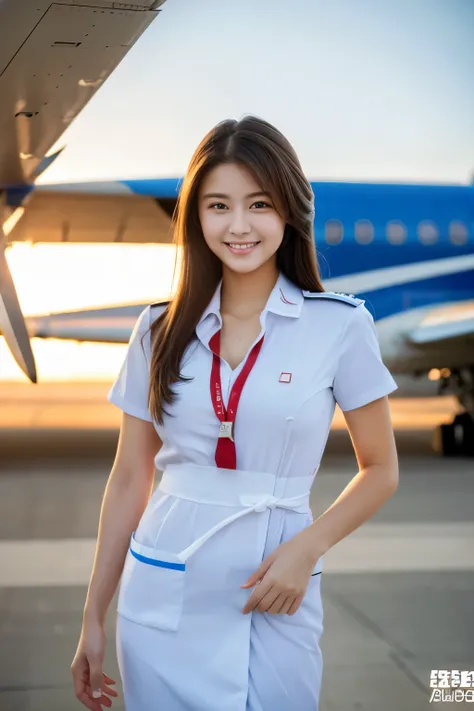 A 22-year-old with a cute, baby-faced idol-like face　Standing completely naked, whole body visible　Occupation: Flight Attendant　Walking down the aisle of an airplane　Gentle and cute　smile gently　small bust　Uniform is naked　Raw photo　genuine　real　High defin...