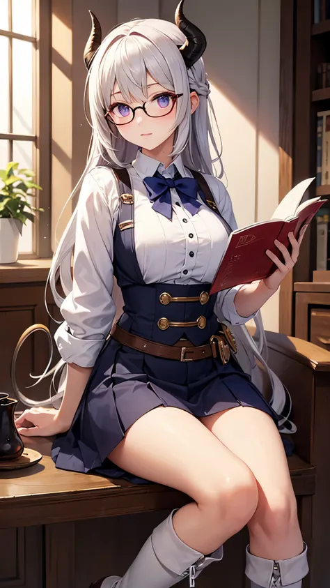 (Masterpiece, best quality), detailed, (medieval magic academy uniform, glasses, reading glasses, white boots), athletic, busty, demon, demon girl, detailed beautiful purple eyes, detailed face, white hair and white skin, braided ponytail, demon horns, ful...