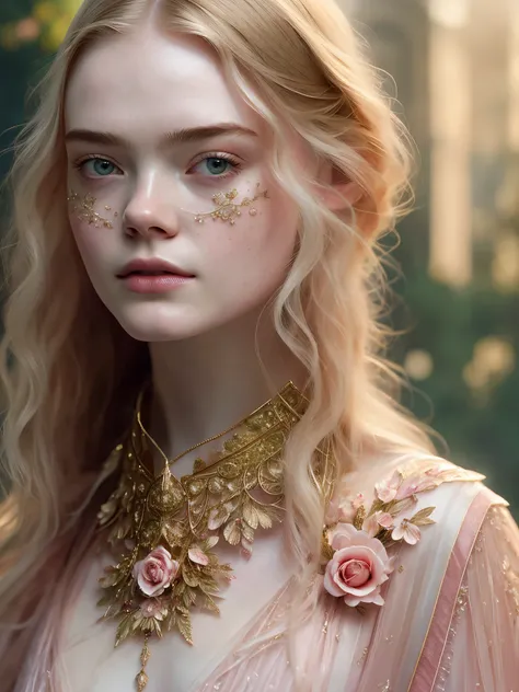 Looks like Elle Fanning, (symmetry:1.1) (portrait of floral:1.05) a woman as a beautiful goddess, (assassins creed style:0.8), pink and gold and opal color scheme, beautiful intricate filegrid facepaint, intricate, elegant, highly detailed, digital paintin...