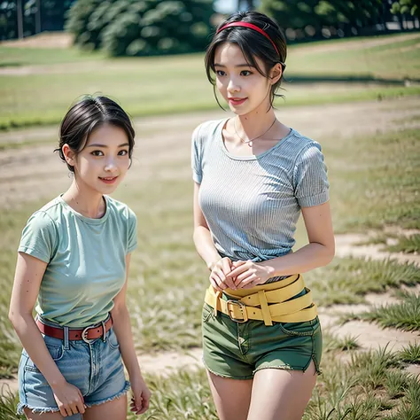 masterpiece, best quality, high resolution, serene 1, 1 girl, serene 1, 1 girl, serene (pokemon), solo, gray eyes, black hair, green shorts, red tiara, shirt, tied shirt,, short hair, short sleeves, shorts, stripes, yellow shirt, belt, middle class shootin...