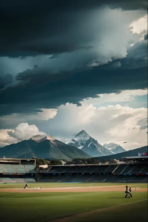 huge cricket stadium, with mountains in background, realistic, ultra HD, 8k resolution, windy weather, rain clouds, 
