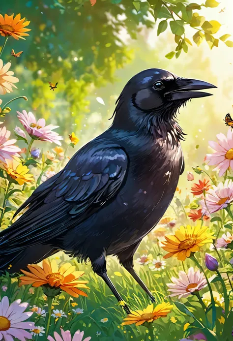 Crow, Playful Chick, pecking at a shiny object with its beak, tilting its head, with its eyes wide with curiosity, chirping excitedly, as if making a new discovery. Sunny park, flower-filled meadow, tranquil backyard, children playing, dogs chasing squirre...