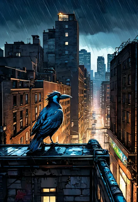 Urban Explorer, perched on a weathered rooftop, overlooking a bustling cityscape, holding a shiny object in its beak, gazing intently, with a hint of mischievousness in its eyes. Urban alleyway, street art murals, tagged graffiti, scattered trash, fire esc...