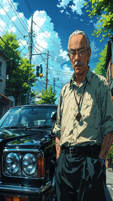 there is a man standing in front of a car with a mustache, ryuta ueda artwork, style of gta v artworks, martin ansin artwork portrait, kentaro miura art style, katsuhuro otomo highly detailed, rob rey and kentaro miura style, kentaro miura art, amazing wal...