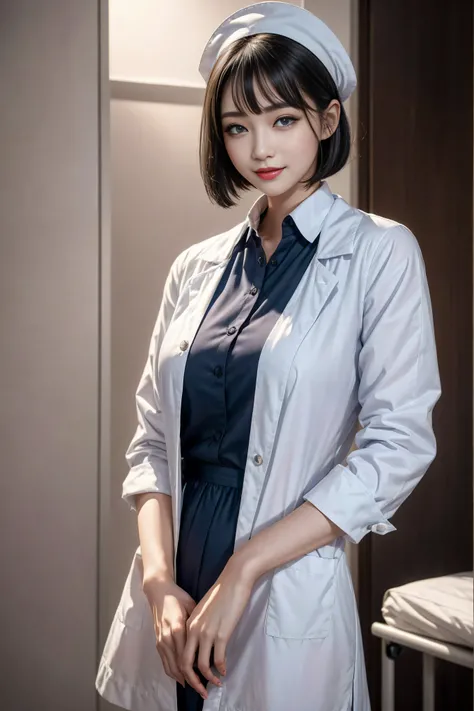 (3 Ultimate Beauty Nurse)、{{{masterpiece}}}， {Oh oh oh, Oh, really：1.2}， best quality， official art， Highly detailed CG Unity 8k wallpaper， The facial details are very rich、delicate lips、delicate eyes、double eyelids、((black bob hair))、(Nurse:1.3)、(charming...