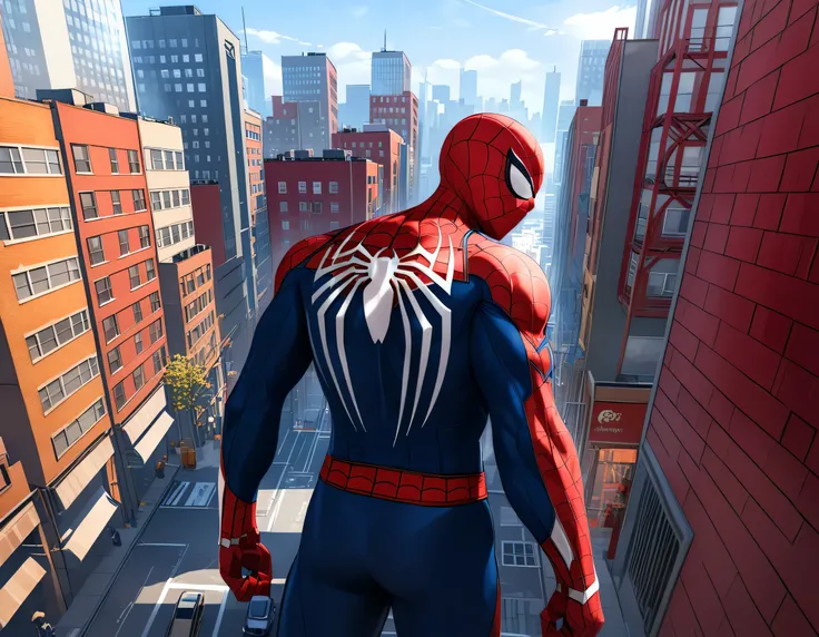 Standing behind a cityscape, a muscular boy with a red bodysuit poses as Spiderman PS4. His pectorals are defined, and he wears a mask to hide his identity. The superheros outfit is adorned with a spider web print. The view is from behind, showcasing the b...