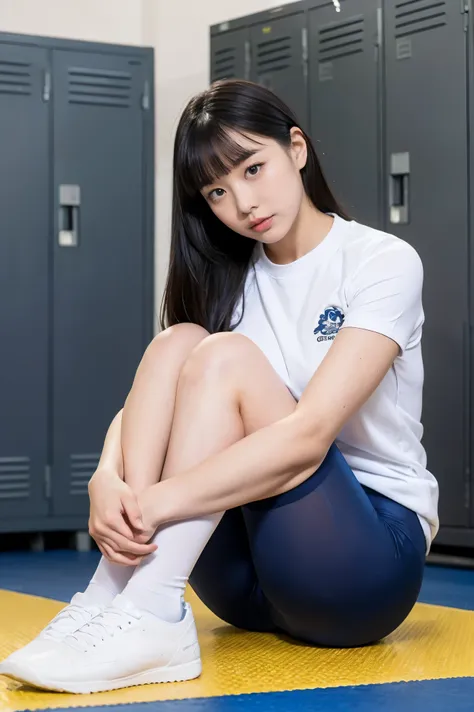 portrait from head to toe、alone、high school girl、natural body shape、white skin、natural makeup、black hair、bangs、straight long hair、((School-specified gym clothes))((The upper body is white gym clothes、Long hem))、(((dark blue tight bloomers)))、(((Put the hem...