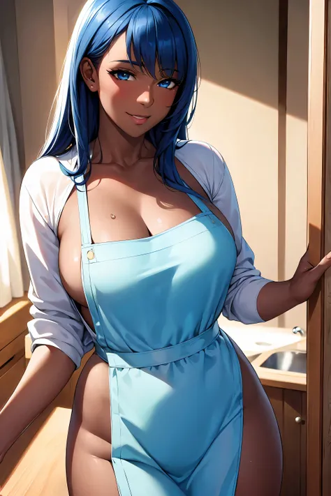 (8k, masterpiece), ultra high resolution, (realistic, photo-realistic), African mother, mature lactating, dark skin, light blue hair, light blue eyes, wear a sweater, a skirt, a kitchen apron, 
in the kitchen with adorable decoration, giving a cute and sex...