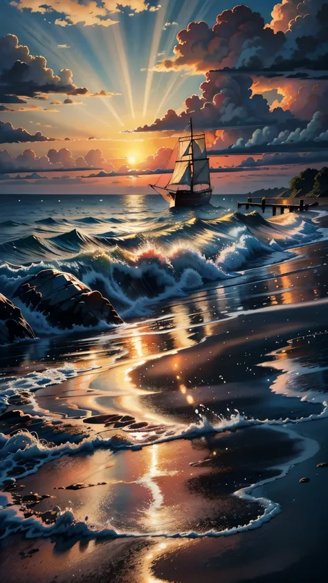 watercolor painting sunset, high tide, golden sand, calm sea, colored clouds, rays of light break through the clouds, in the reflection of light on the water, a sailing boat is a fish, the sea shimmers with bright colors . vibrant, beautiful, painterly, de...