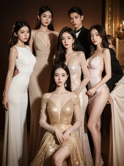 Realistic, Long shot, 4k, high detailed, high quality, Potrait of one man(24 years old) in a suit(in the middle) and 4 girls with luxury dress, standing, perfectly proportioned, intimate, Lovers, close to each other, perfect anatomy, perfect background, pe...