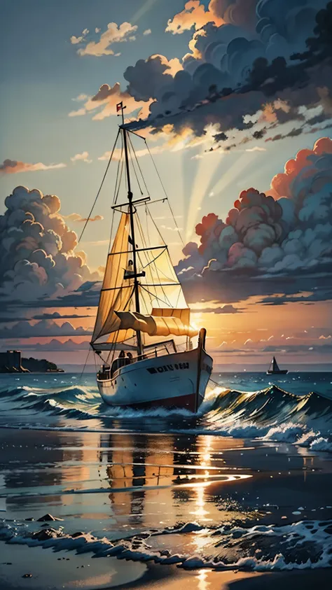 watercolor painting sunset, high tide, golden sand, calm sea, colored clouds, rays of light break through the clouds, in the reflection of light on the water, a sailing boat is a fish, the sea shimmers with bright colors . vibrant, beautiful, painterly, de...