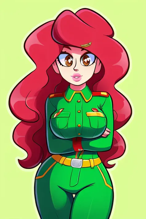 A tender character woman, extra large breasts, longer wavy hair, bright red, her brown eyes, rectangle, large pupils, pink lips, a light green military suit, yellow line brushes, and her light green pants, wearing a yellow belt.