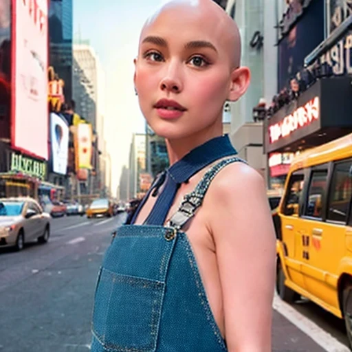 Suspender jeans(masterpiece, best quality:1.2), Very short hair, alone，Pale pink，Light rouge makeup（（（Bald）））（minor）masterpiece， Outdoor backstreets，time square, New York，best quality， movie lighting， soft light ,Realistic，facial close-up，Landscape avatar，...