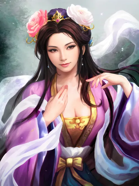 One wearing a purple dress、Close-up of a woman with flowers on her head, beautiful fantasy queen, inspired by trees, beautiful figure painting, ((beautiful fantasy queen)), chinese princess, Beautiful charming anime woman, Inspired by Zhu Lian, Inspired by...