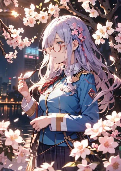 Natural light, floating hair, soft smile, Diamond-shaped hair ornament,(((uniform))).profile, light purple hair,Cherry blossoms at night,(lonely face) (Glasses),Yuki Izumi
