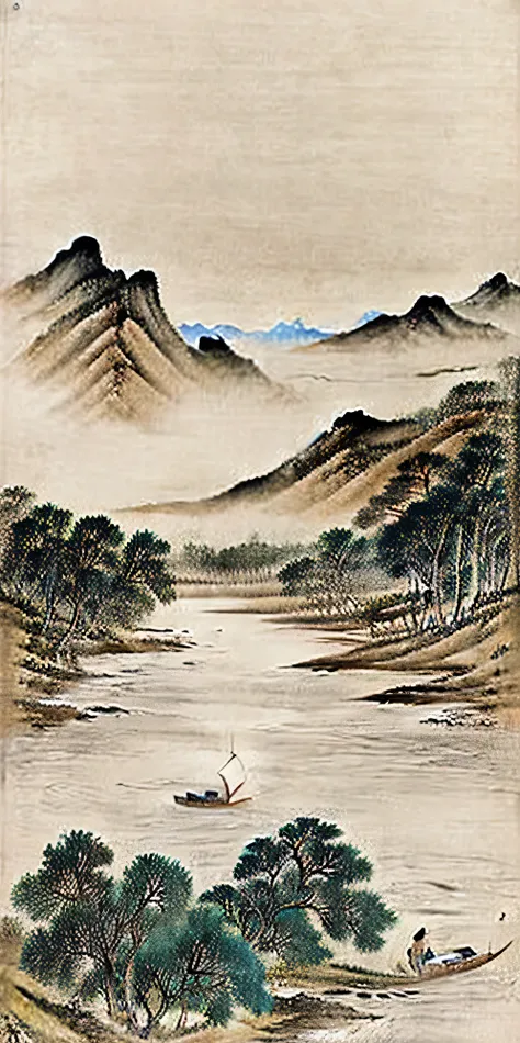 the painting depicts a boat sailing in the water，mountains in the background, detailed landscape—width 672, landscape art品, chin...