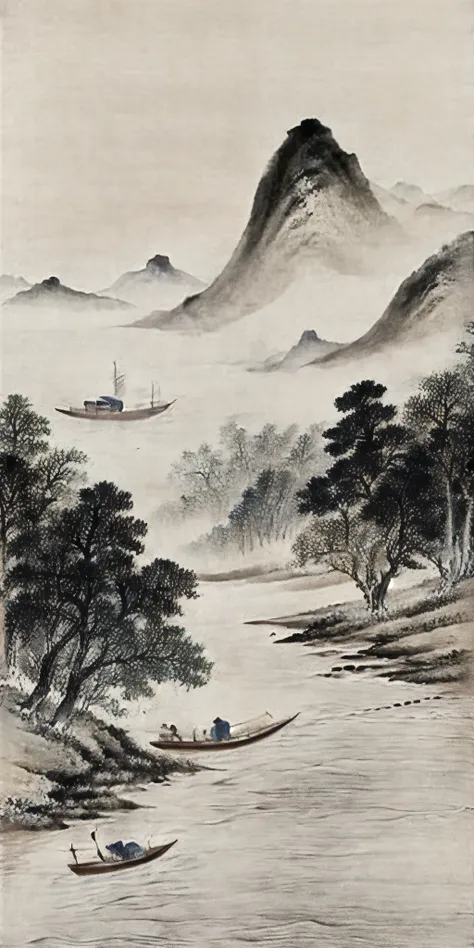 the painting depicts a boat sailing in the water，mountains in the background, detailed landscape—width 672, landscape art品, chin...