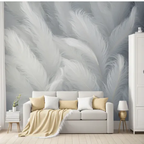 arafed picture of living room with sofa and cabinets, soft feathers, feathers raining, feather texture overlay, white feathers, ...