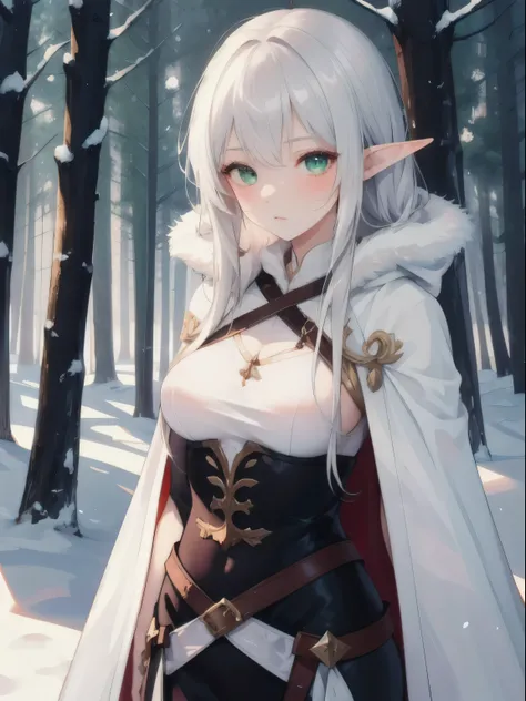 1girl, snow elf girl, long silver hair, green eyes, wearing a white cloak, forest, looking at the viewer, high res, ultrasharp, 8K, masterpiece, athletic body, mature, dark fantasy