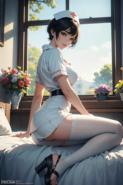 ((Pixie cut beautiful black hair,beautiful eyes)),Nurse costume,white pantyhose,sandal,cap,(low angle,from below),(solo),((masterpiece, highest resolution,best quality)), (beautiful illustration), (looking at the viewer), innocent smile,cinematic lighting,...