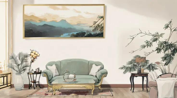 Photo of a living room with a sofa and a painting, 8k high quality detailed art, glossy painting, landscape artwork, Chinese style, extremely high quality art, 8K Highly Detailed Art, Living room background wall, gold leaf painting, Chinese painting style,...