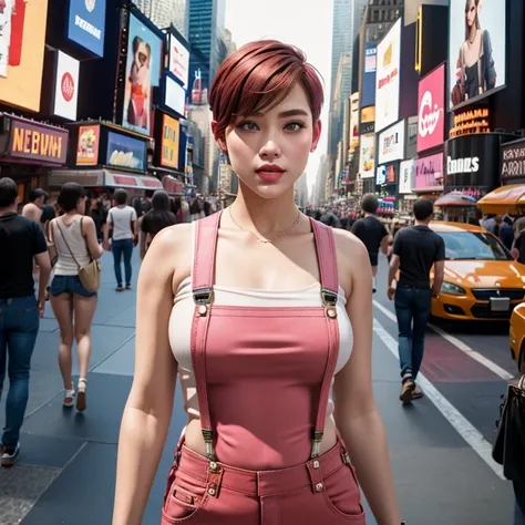 Suspender jeans(masterpiece, best quality:1.2), Very short hair, alone，Pale pink，Light rouge makeup（（（Short hair）））（minor）masterpiece， Outdoor backstreets，time square, New York，best quality， movie lighting， soft light ,Realistic，facial close-up，Landscape a...