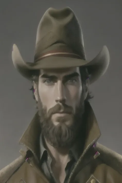 homem arafiado com barba, brown hat and overcoat, bearded vaqueiro, Jesse McCree, vaqueiro portrait, portrait of a vaqueiro, vaqueiro portrait male, barba grisalha, vaqueiro, Arthur Morgan, Henry Cavill como Wolverine, rough beard, Jake Gyllenhaal, costele...