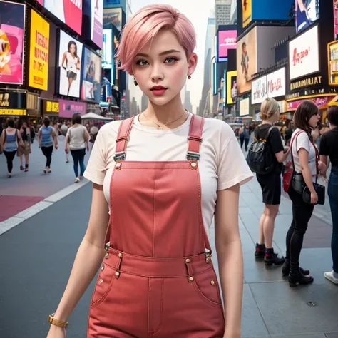 Suspender jeans(masterpiece, best quality:1.2), Very short hair, alone，Pale pink，Light rouge makeup（（（Short hair）））（minor）masterpiece， Outdoor backstreets，time square, New York，best quality， movie lighting， soft light ,Realistic，facial close-up，Landscape a...