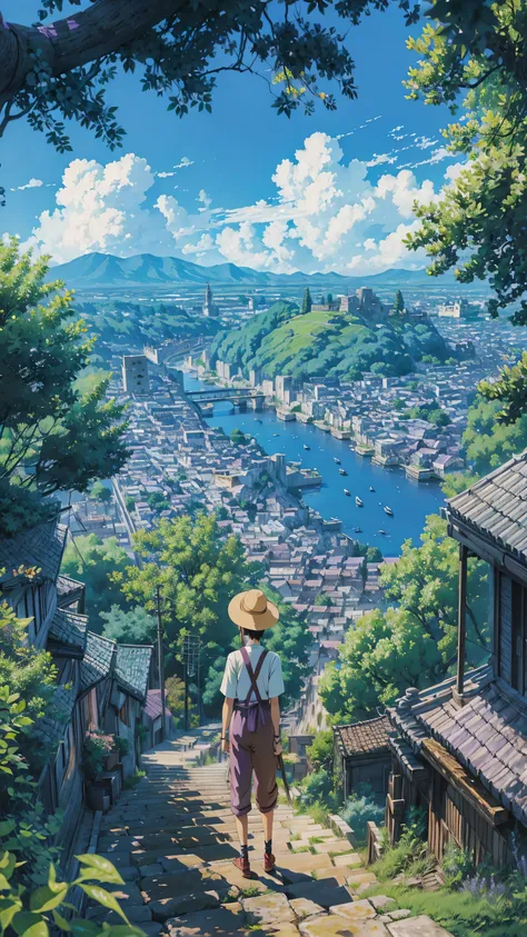 animesque、Skyscape with clouds、Purple sunset sky、Deities々Shikai、stairway、You can see the touch of the brush、no human figures、Studio Ghibli、Ghibli、Scenery、Style、The light is sparkling、sky line